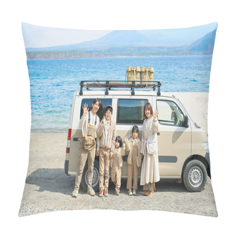 Personality  Camper And Family Enjoying The Outdoors By The Lake Pillow Covers