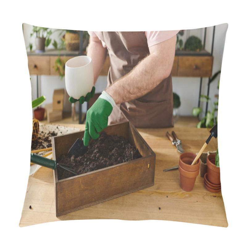 Personality  A Man In An Apron And Gloves Plants Various Plants In A Box At A Plant Shop, Embodying The Essence Of A Small Business Owner. Pillow Covers