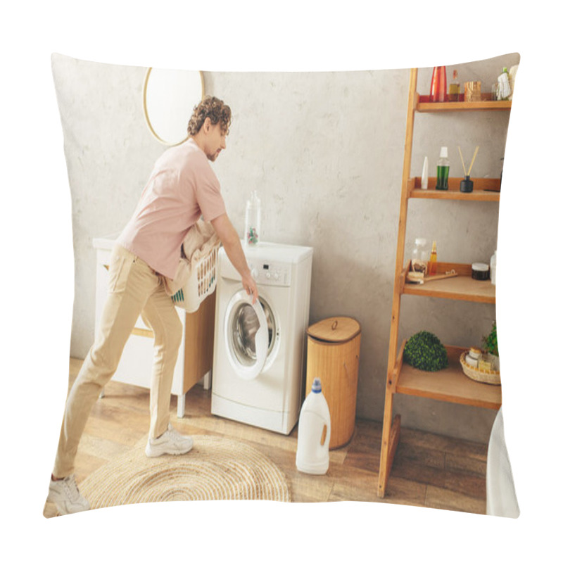 Personality  A Man In The Bathroom Is Diligently Doing Laundry. Pillow Covers