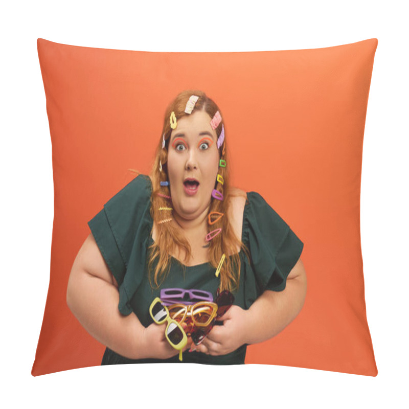 Personality  A Joyful Plus Size Woman Surprises With Accessories In Her Hands And Colorful Clips In Her Hair. Pillow Covers