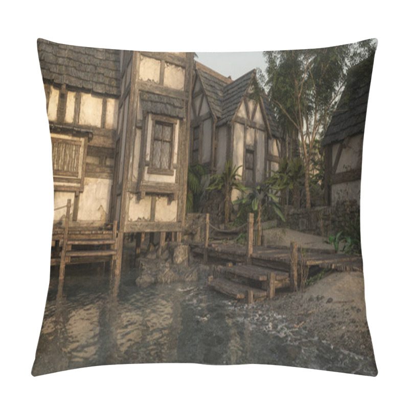 Personality  Old Timber Framed Buildings By The Shore In A Medieval Port Town; 3D Illustration. Pillow Covers