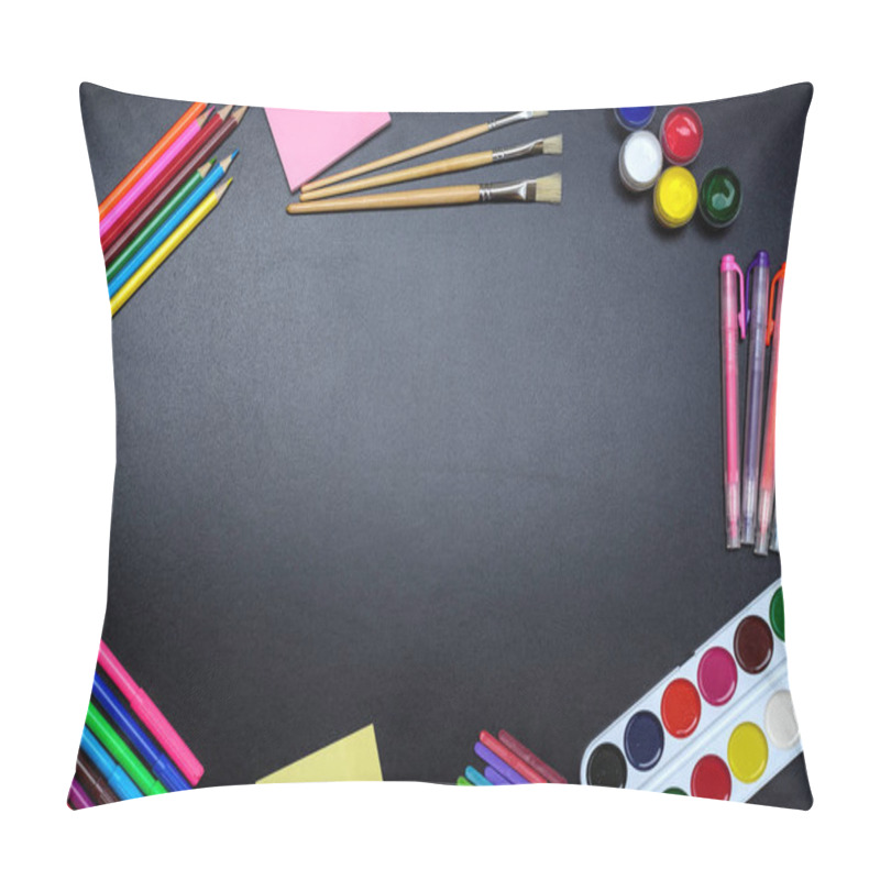 Personality  The Frame Of School Supplies (pencils, Paints, Paper, Brushes, Markers) On A Blackboard. Pillow Covers