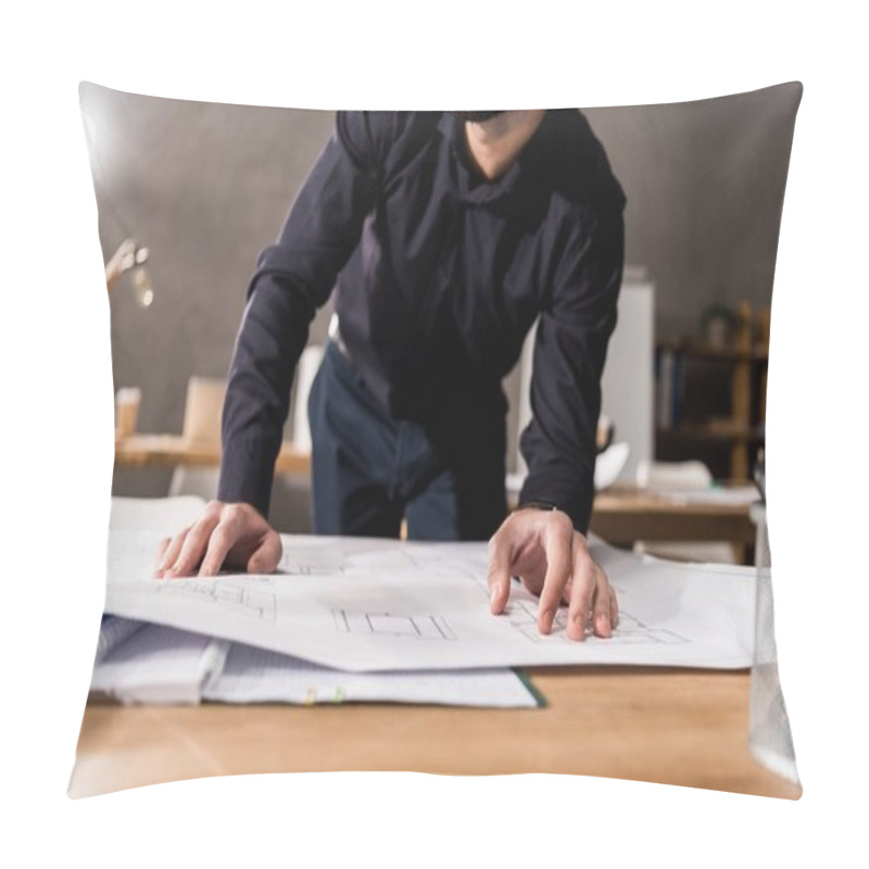 Personality  Cropped Image Of Architect Looking At Blueprints On Table Pillow Covers