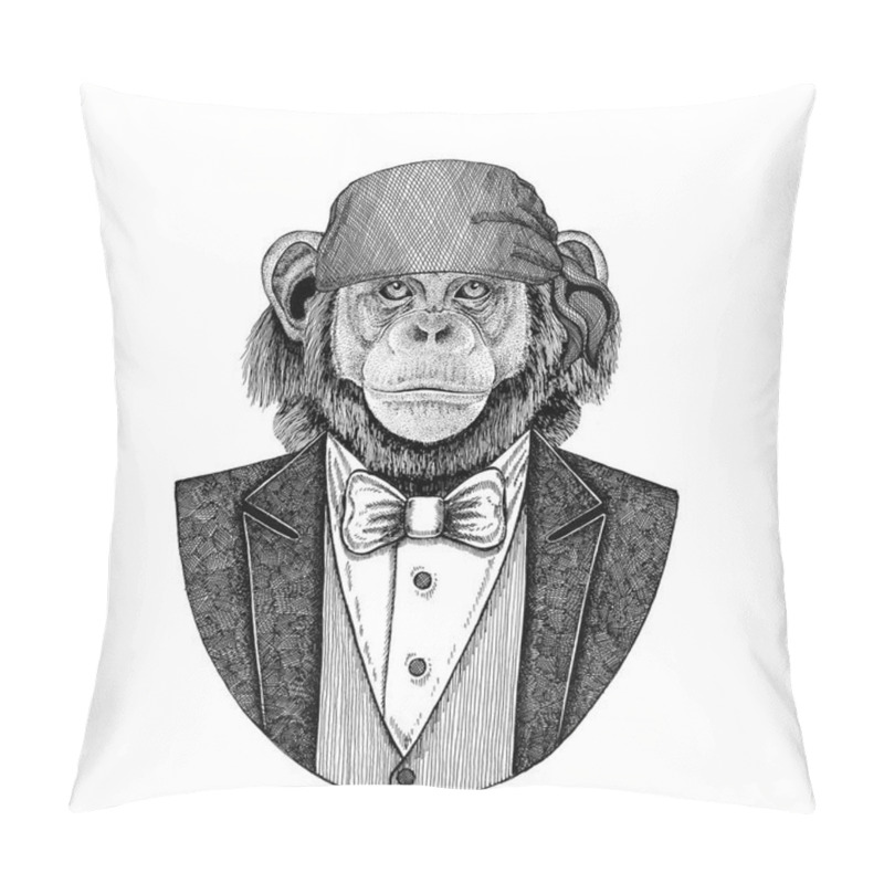 Personality  Chimpanzee, Monkey Wild Biker, Pirate Animal Wearing Bandana Hand Drawn Image For Tattoo, Emblem, Badge, Logo, Patch, T-shirt Pillow Covers