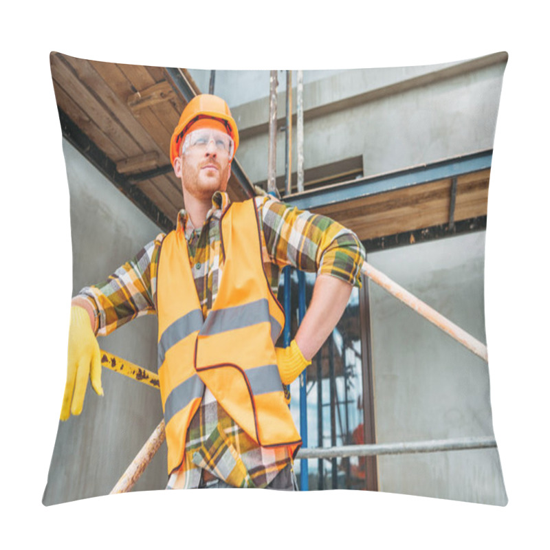 Personality  Handsome Builder Leaning On Scaffolding At Construction Site And Looking Away Pillow Covers