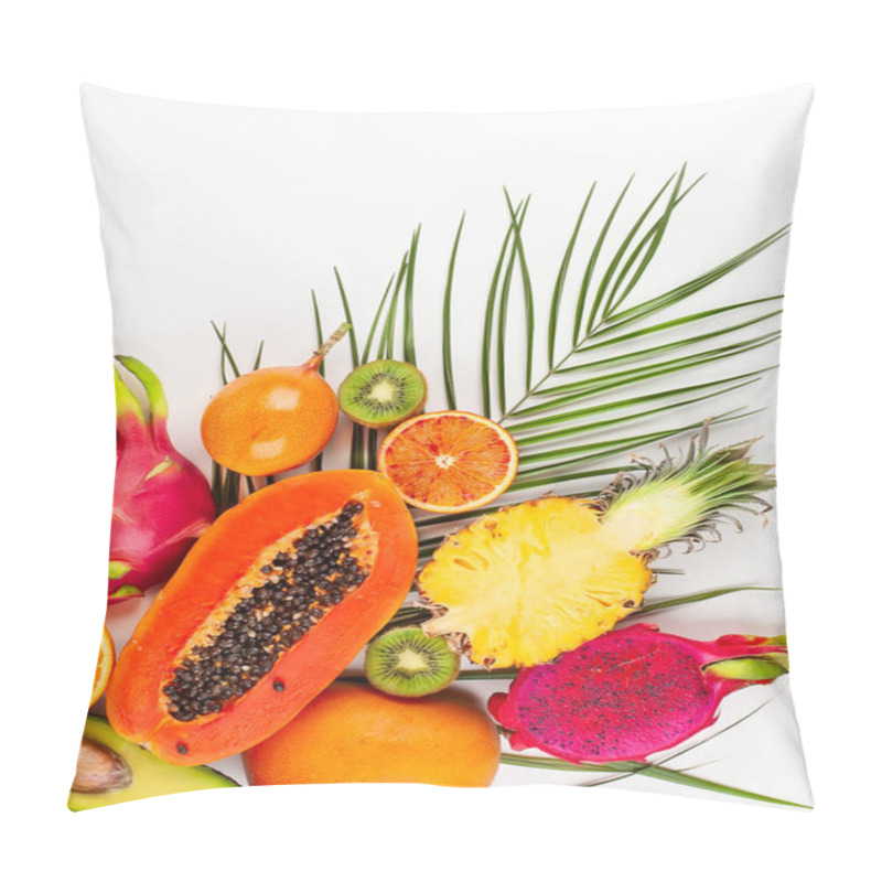 Personality  Still Life With Fresh Assorted Exotic Fruits On A Palm Leaf. Concept Of Healthy Eating With Fruits. Top View. Pillow Covers