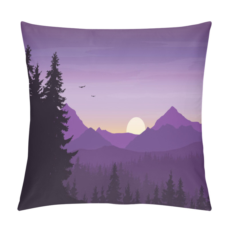 Personality  Mountain Landscape With Forest Under A Purple Morning Sky With Rising Sun, Birds And Clouds - Vector Pillow Covers