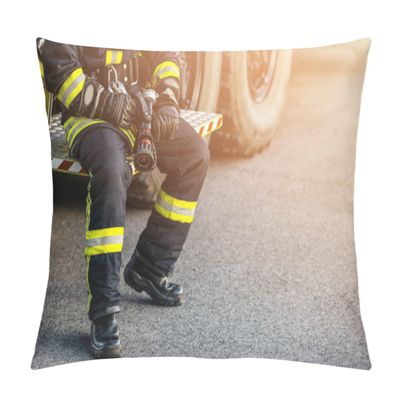 Personality  Firefighter Rescue Man. Firefighter In Uniform And  Helmet Near Fire Engine. Pillow Covers