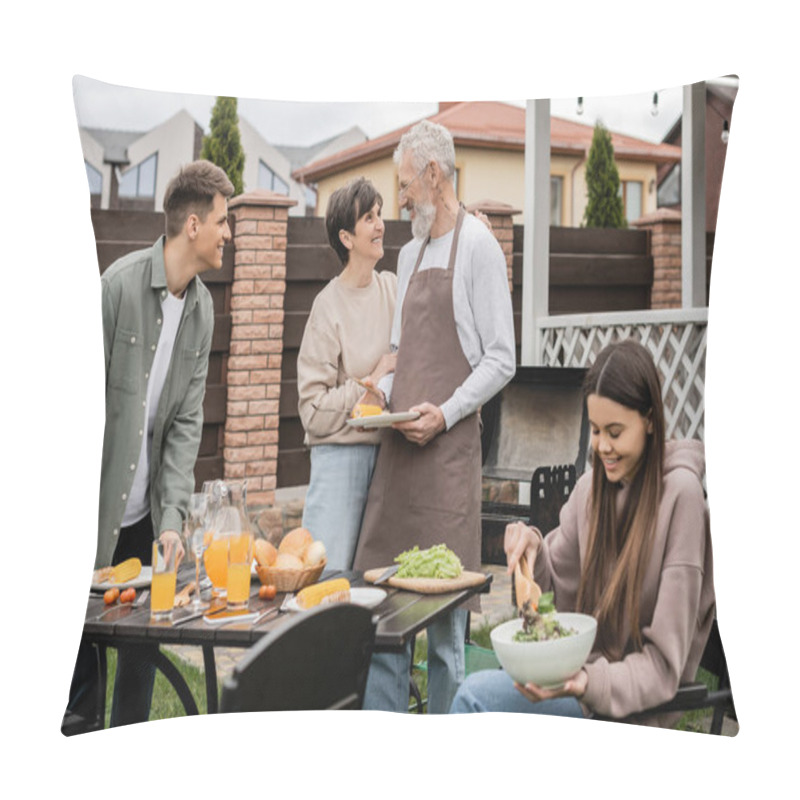 Personality  Middle Aged Couple Looking At Each Other During Bbq Party, Young Adult Son Looking At Cheerful Parents, Teenage Girl Mixing Salad, Parents Day, Translation Of Tattoo: Harm None Do What You Will Pillow Covers