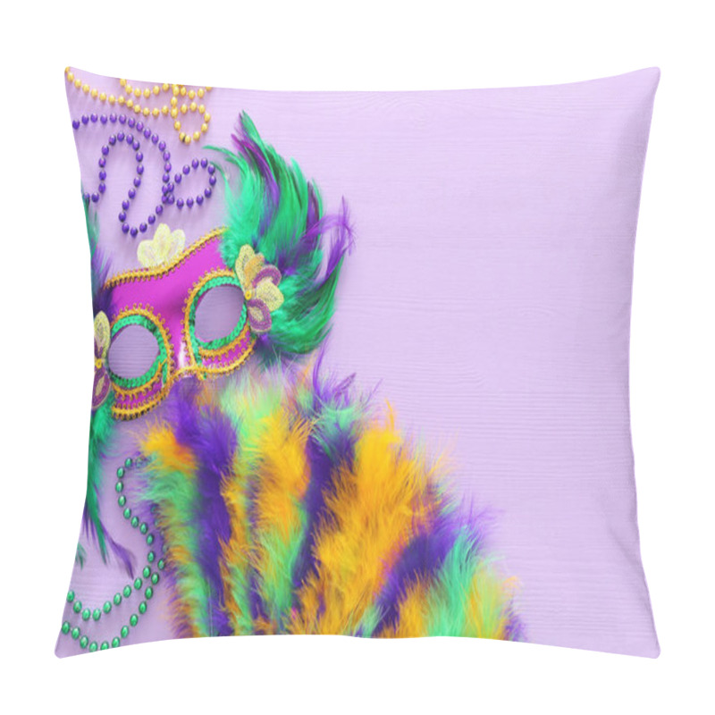 Personality  Holidays Image Of Mardi Gras Masquarade, Venetian Mask And Fan Over Purple Background. View From Above Pillow Covers