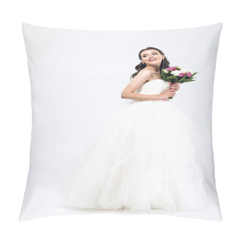 Personality  Beautiful Young Bride In Wedding Dress With Bouquet And Looking Away On White Pillow Covers