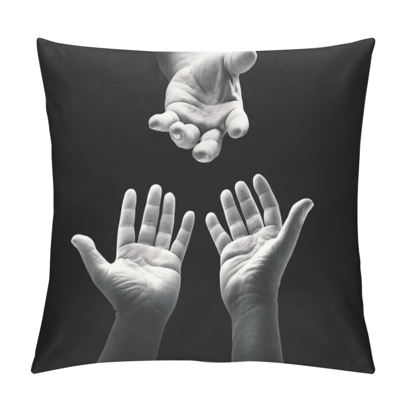 Personality  International Migrants Day Concept: Black And White Child Reaching Two Hand To God On Dark Room Background. Pillow Covers