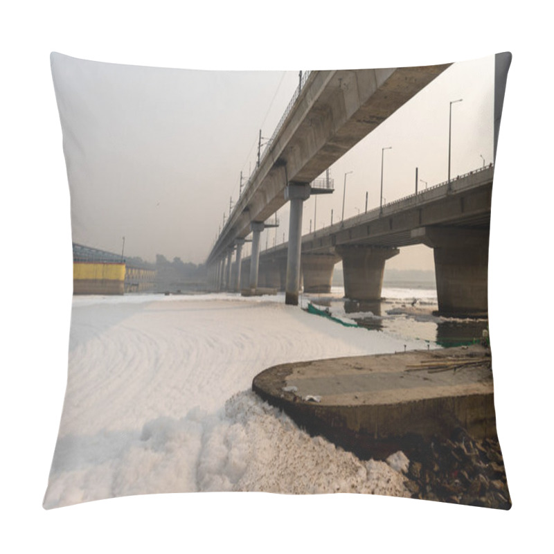 Personality  Polluted River With Industrial And Domestic Effluents Toxic Foam And Road Bridge At Morning Image Is Taken At Yamuna River Okhla Barrage Delhi India. Pillow Covers