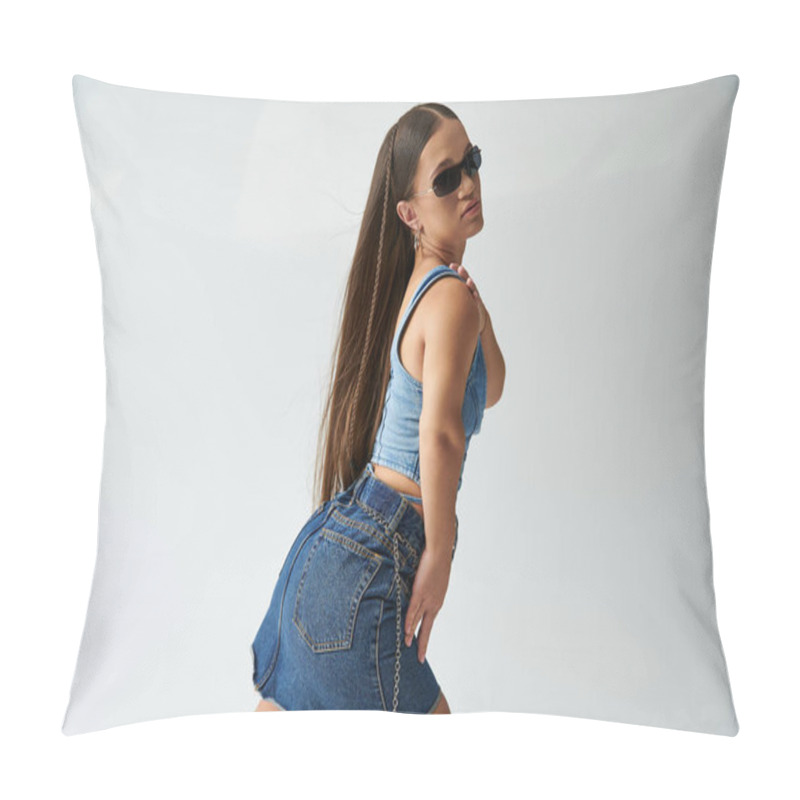 Personality  Fashionable Young Woman With Achondroplasia In Denim Poses Confidently, Celebrating Diversity And Self-expression. Pillow Covers