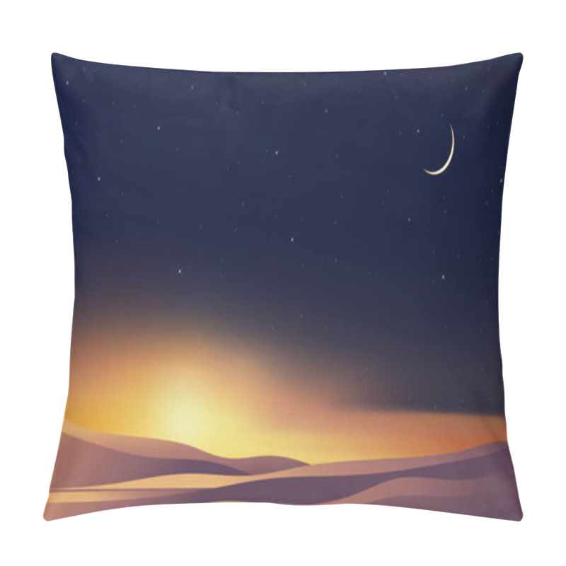 Personality  Islamic Greeting Ramadan Kareem Card Design Background With Desert Landscape Sand Dunes,Crescent Moon And Star In Dark Night,Vector Religions Symbolic Of Islam Or Muslim For Eid Mubarak, Eid Al Fitr Pillow Covers