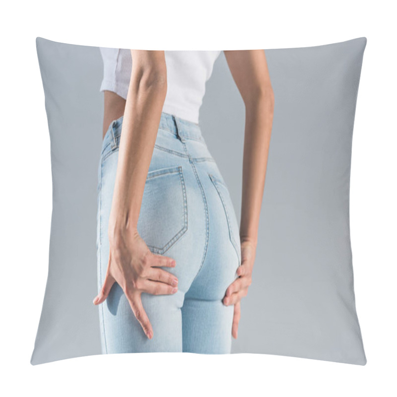 Personality  Cropped View Of Shapely Woman In Blue Jeans Isolated On Grey Pillow Covers