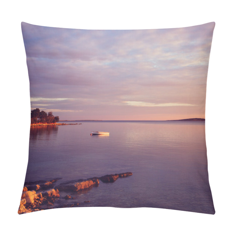 Personality  Seascape With Lonely Boat In Sea At Sunset Pillow Covers