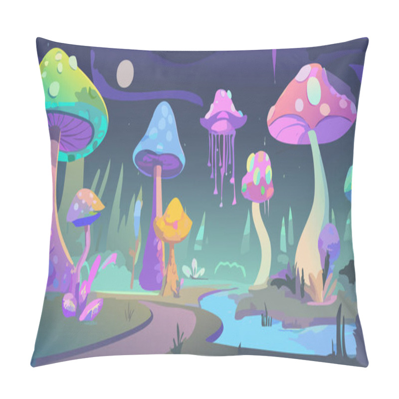 Personality  Fantasy Landscape With Magic Mushrooms. Vector Illustration. Cartoon Style. Pillow Covers