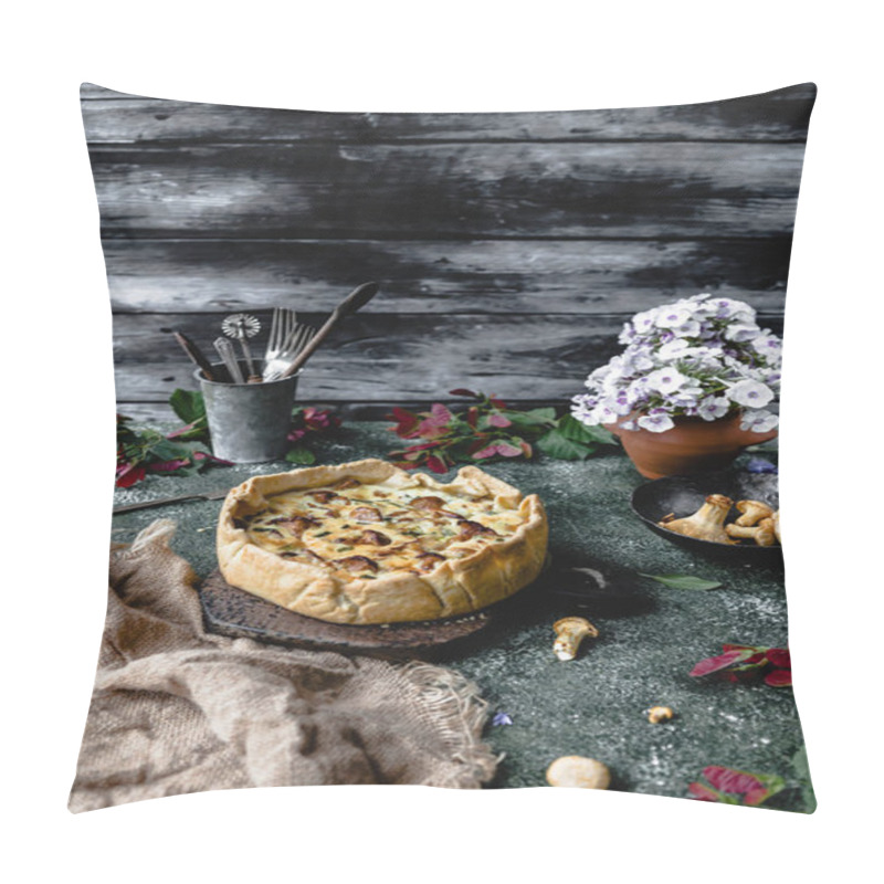 Personality  Tasty Pie With Mushrooms And Potted Flowers On Wooden Table Pillow Covers