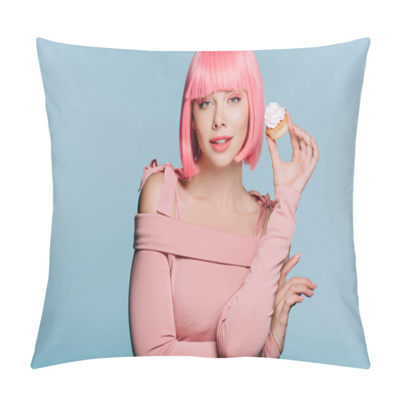 Personality  Beautiful Happy Girl In Pink Wig Posing With Delicious Cupcake Isolated On Blue Pillow Covers