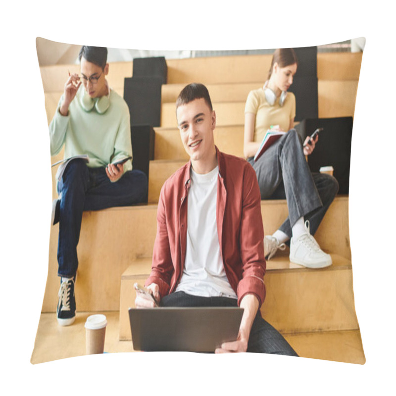 Personality  A Man Sitting On Steps Outside, Focused On His Laptop Screen Pillow Covers