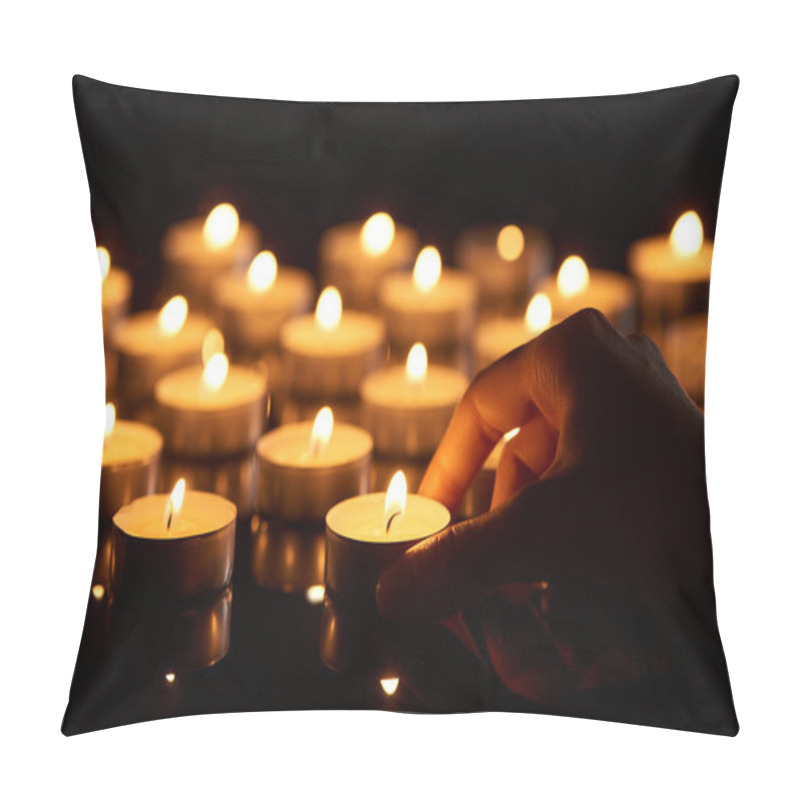 Personality  Selective Focus Of Woman Holding Burning Candle In Darkness Pillow Covers