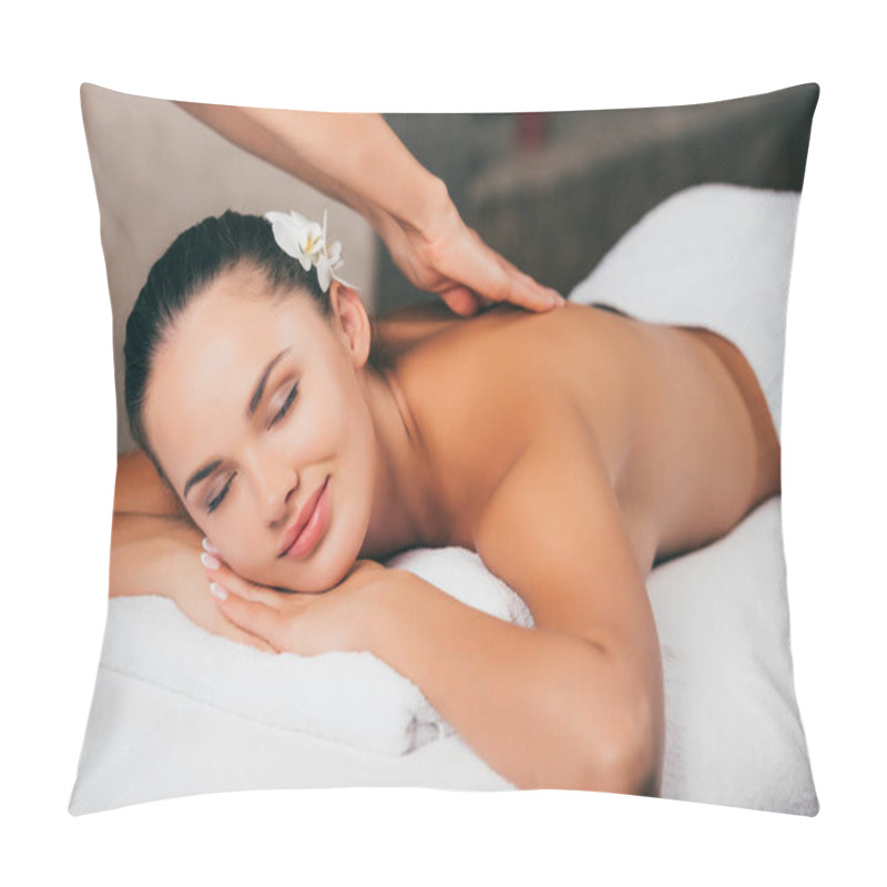 Personality  Young Woman With Flower In Hair Having Massage Therapy At Spa Salon Pillow Covers