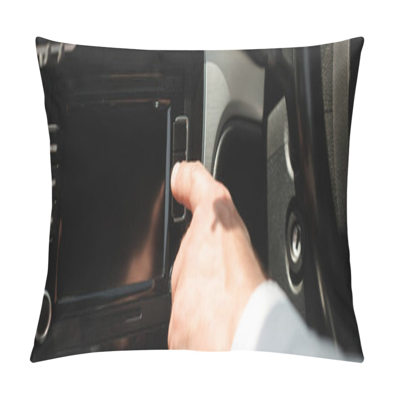 Personality  Panoramic Shot Of Businessman Using Vehicle Audio System In Car  Pillow Covers