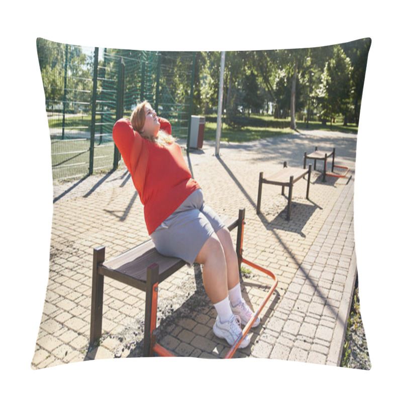 Personality  A Plus Size Woman Exercises Outdoors On A Bright Day. Pillow Covers