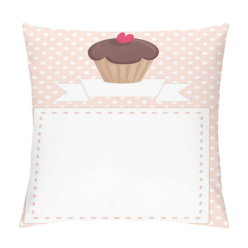 Personality  Vector Restaurant Menu, Wedding Card, List Or Baby Shower Invitation With Sweet Retro Chocolate Cupcake On Pink And White Vintage Polka Dots Texture Background With White Space For Your Own Message. Pillow Covers