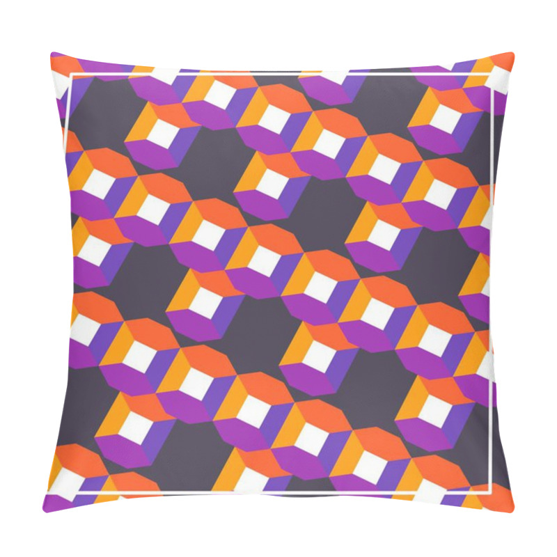 Personality  Geometric Pattern Featuring A Dynamic Composition Of Overlapping Cubes In Shades Of Orange, Purple, And White. Pillow Covers