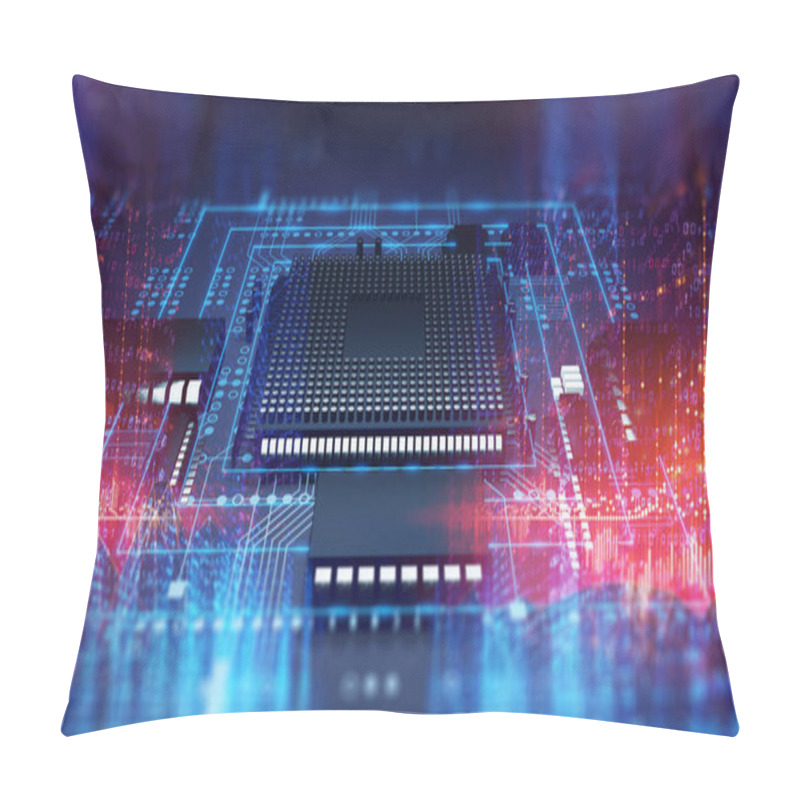 Personality  3d Rendering  Of Futuristic Blue Circuit Board And Cpu Pillow Covers