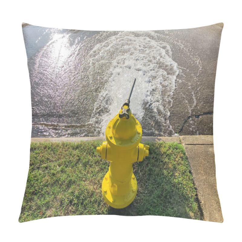 Personality  Top View Yellow Fire Hydrant Gushing Water Across A Residential Street Near Dallas, Texas, USA Pillow Covers