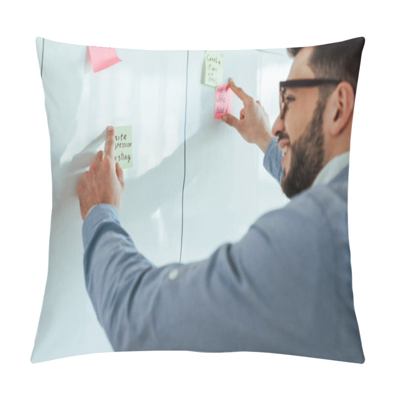 Personality  Selective Focus Of Scrum Master Smiling And Putting Stickers On White Board Pillow Covers