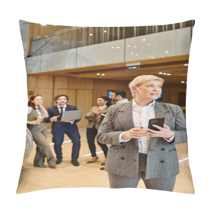 Personality  A Woman Confidently Leads An Interracial Group Of Business People. Pillow Covers