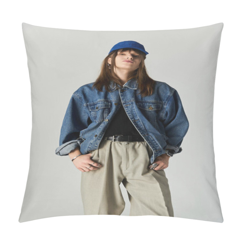 Personality  Confident Young Man Stands In Fashionable Attire Against A Clean Backdrop, Exuding Style. Pillow Covers