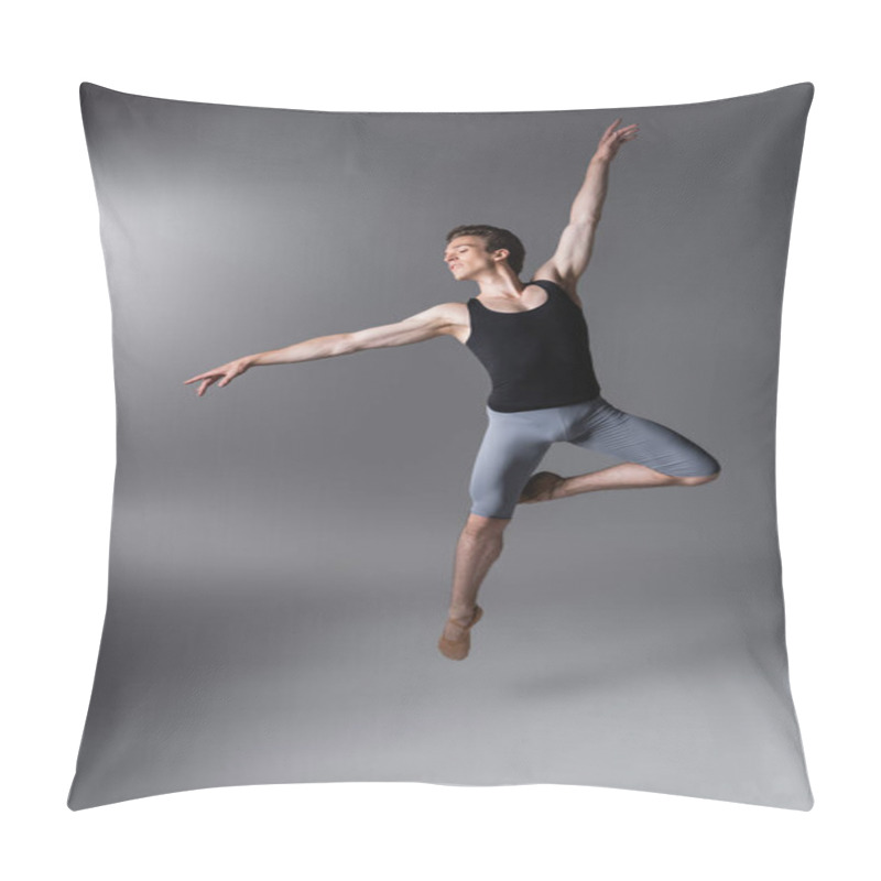 Personality  Young And Graceful Ballet Dancer Gesturing While Levitating On Dark Grey Pillow Covers