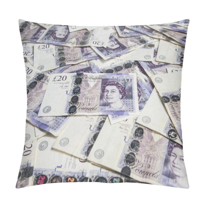 Personality  British Currency. Plenty Of British 20 Pound Banknotes. Background. Pillow Covers