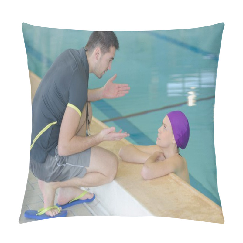 Personality  Swimming Coach By The Pool Talking To Swimmer Pillow Covers