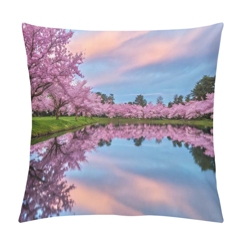 Personality  Blossom Reflection Symphony: A Picturesque View Of A Cherry Blossom Field Enveloping A Still Pond, Where Every Branch And Pastel Hue In The Sky Above Is Echoed Flawlessly In The Water Below. Pillow Covers