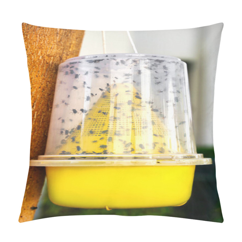 Personality  The Insect Trap For Flies Of Yellow Plastic Hangs On A Tree Against A Background Of Greenery Pillow Covers