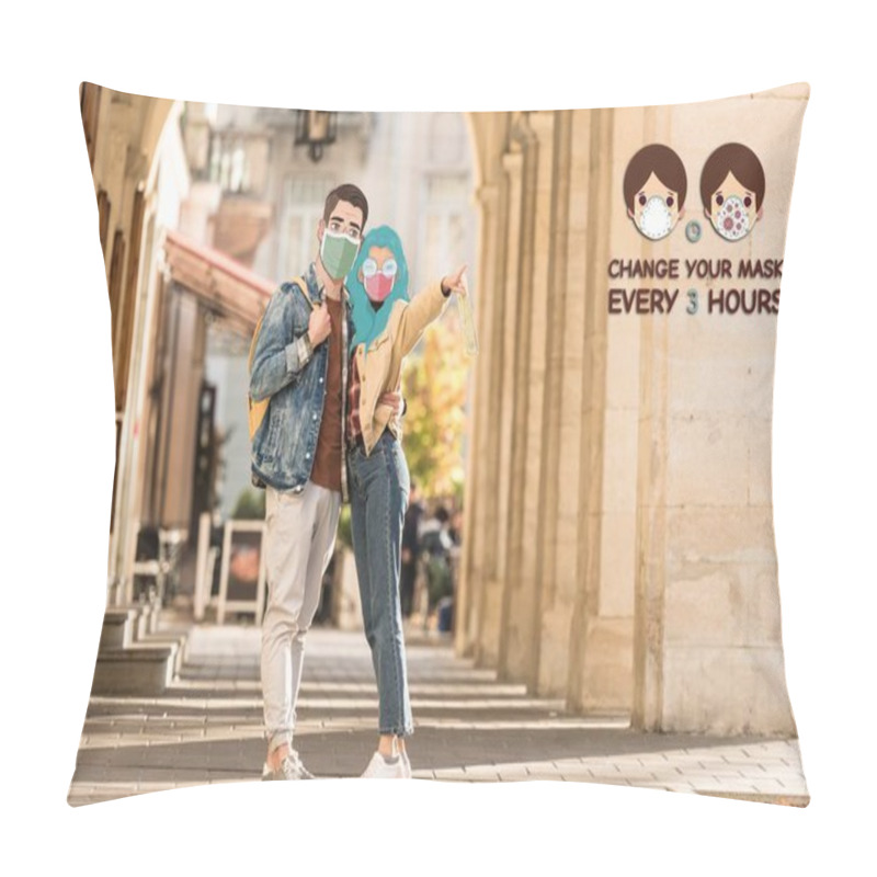 Personality  Couple Of Tourists With Illustrated Faces In Medical Masks Hugging On Street And Pointing With Finger Away, Change Your Mask Every 3 Hours Illustration Pillow Covers