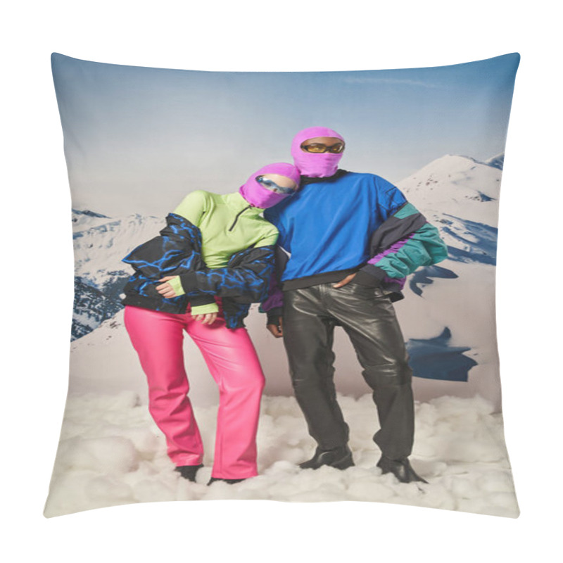 Personality  Beautiful Couple Posing Together Wearing Pink Balaclavas And Stylish Sunglasses, Winter Concept Pillow Covers