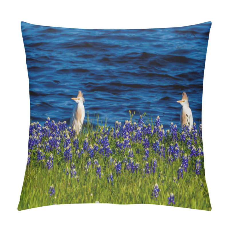 Personality  Egrets In Texas Bluebonnets At Lake Travis At Muleshoe Bend In T Pillow Covers