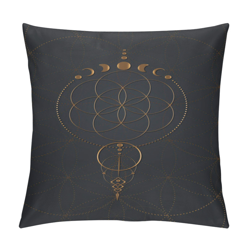 Personality  Mystical Flower Of Life And Moon Phases, Sacred Geometry. Gold Seed Of Life. Pagan Wiccan Goddess Symbol, Old Golden Wicca Banner Sign, Energy Circles, Boho Style Vector Isolated On Black Background Pillow Covers