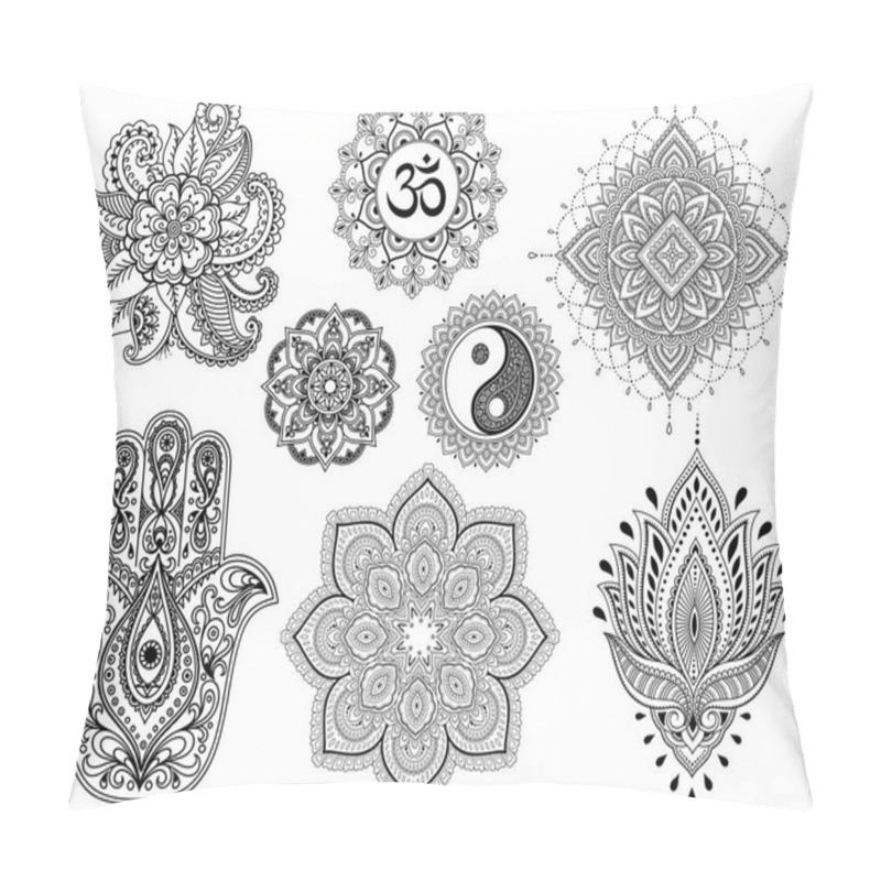 Personality  Big Set Of Mehndi Flower Pattern, Mandala, Mantra OM, Yin-yang Symbol And Hamsa For Henna Drawing And Tattoo. Decoration In Ethnic Oriental, Indian Style. Pillow Covers