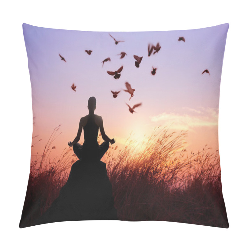 Personality  Woman Meditation And Yoga With Birds, Silhouette On Nature Sunset Pillow Covers