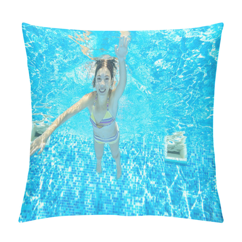 Personality  Child Swims In Pool Underwater, Happy Active Girl Has Fun In Water, Kid Sport On Family Vacation Pillow Covers