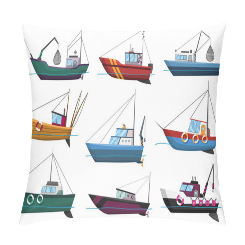 Personality  Collection Of Fishing Boats Side View Isolated On White Background. Commercial Fishing Trawlers For Industrial Seafood Production Vector Illustration. Sea Fishing, Ships Marine Industry, Fish Boats Pillow Covers