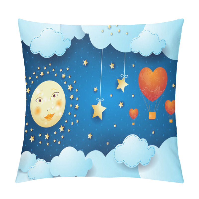 Personality  Valentine Illustration With Surreal Night, Full Moon And Hot Air Balloons. Vector Illustration  Pillow Covers